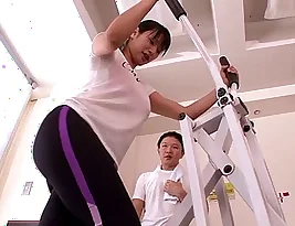 A fitness class with a sexy teacher who exposes her beautiful big boobs and gets cum on her chest.