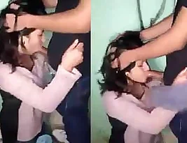 Indian woman gives blowjob to her skinny boyfriend while her friend watches.