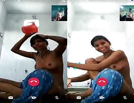 This is the first part of a video of a cute Indian woman taking a bath while on a video call.