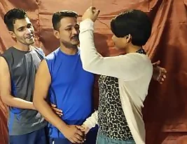 Beautiful Indian housewives and young men in hot erotic threesome action